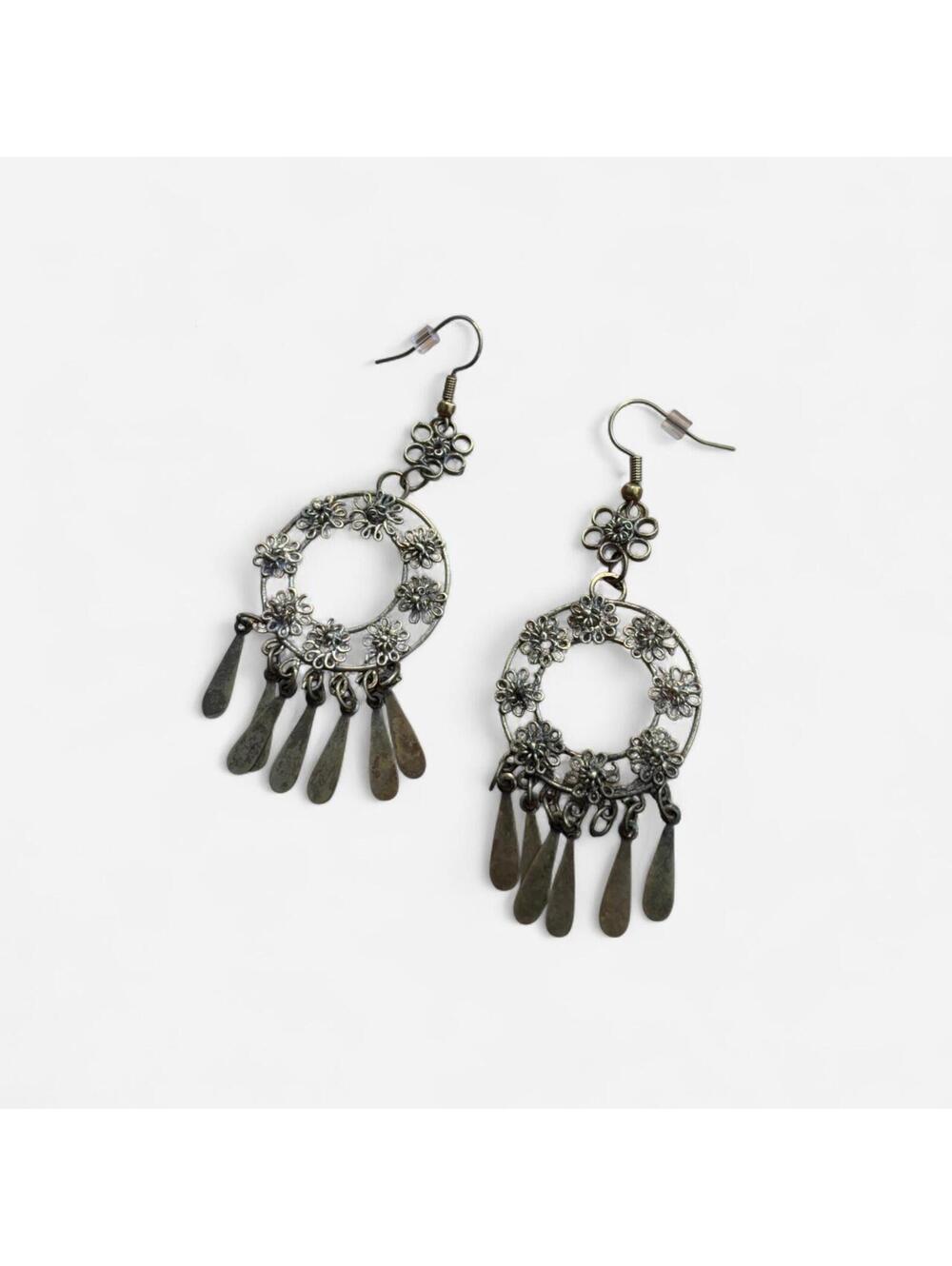 Brass Boho Flower Dangle Earrings